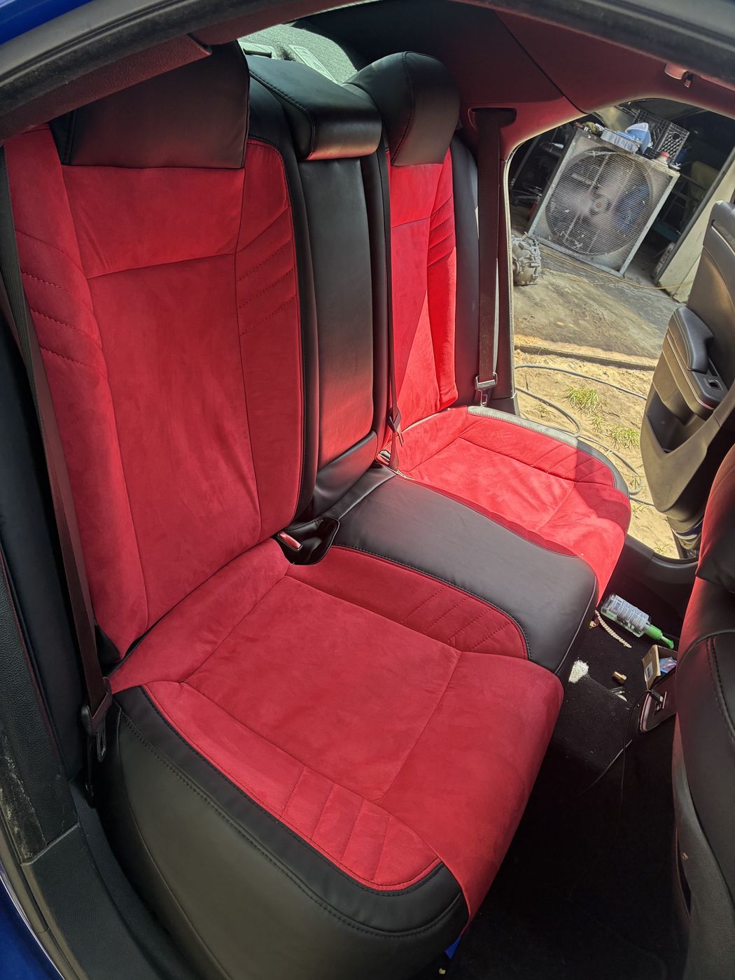 Red suede and black rear seats