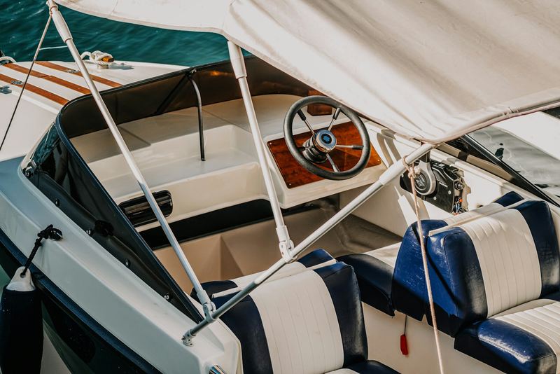 Navy and white vinyl boat seats